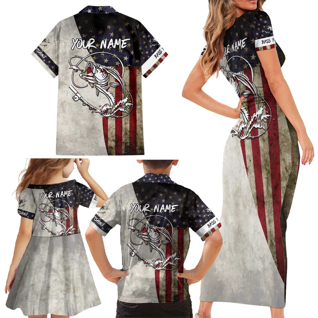 Personalized Distressed American Flag Bass Fishing Family Matching Short Sleeve Bodycon Dress and Hawaiian Shirt Hooked Fish and Rustic Vintage Theme - Wonder Print Shop