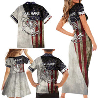 Personalized Distressed American Flag Bass Fishing Family Matching Short Sleeve Bodycon Dress and Hawaiian Shirt Hooked Fish and Rustic Vintage Theme - Wonder Print Shop