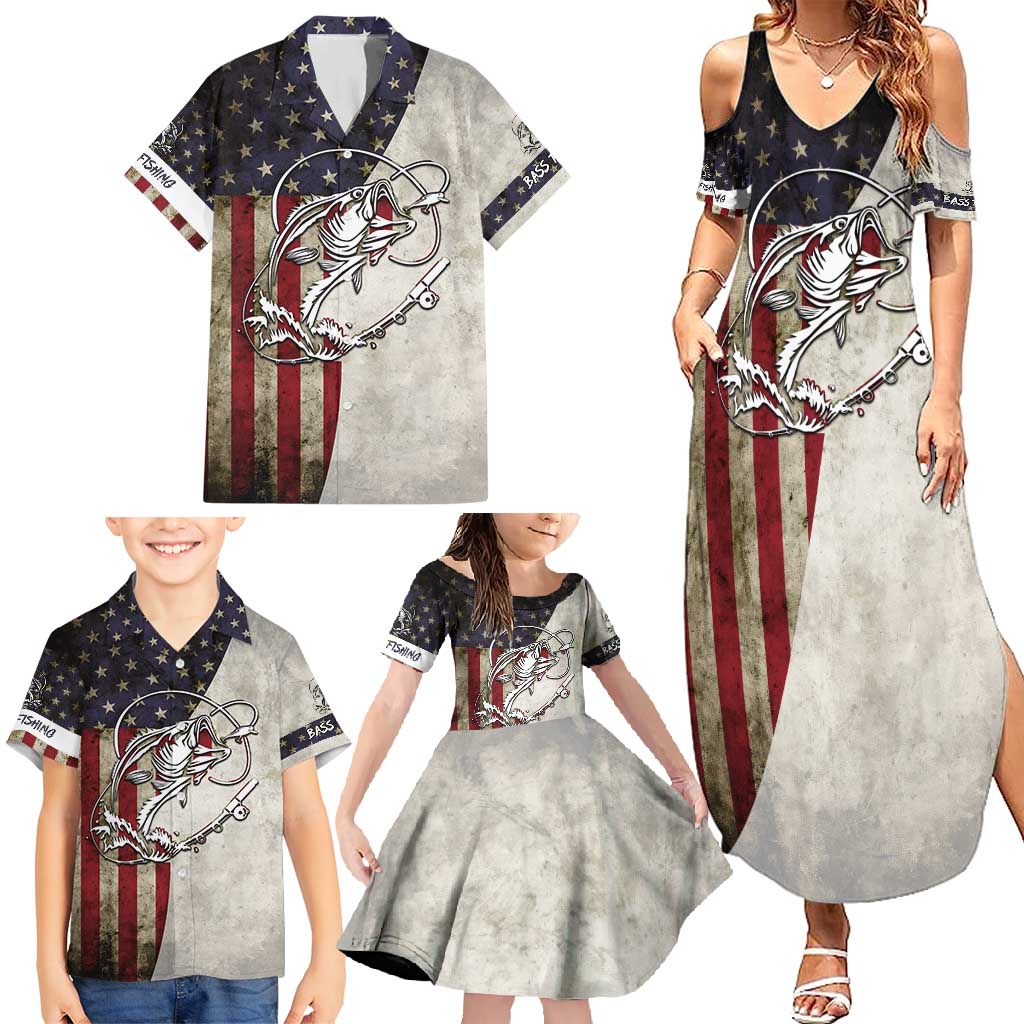 Personalized Distressed American Flag Bass Fishing Family Matching Summer Maxi Dress and Hawaiian Shirt Hooked Fish and Rustic Vintage Theme - Wonder Print Shop