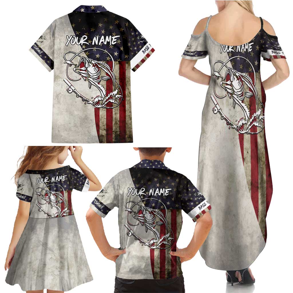 Personalized Distressed American Flag Bass Fishing Family Matching Summer Maxi Dress and Hawaiian Shirt Hooked Fish and Rustic Vintage Theme - Wonder Print Shop