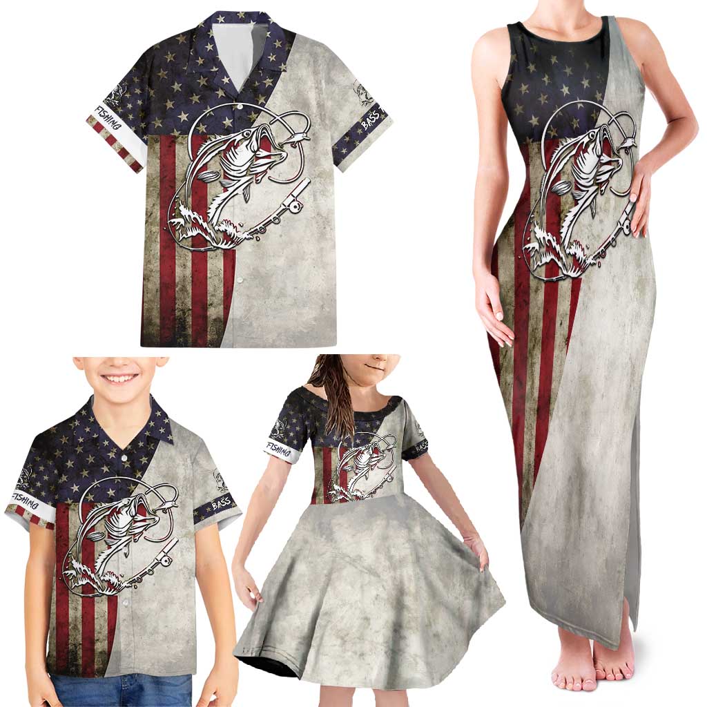 Personalized Distressed American Flag Bass Fishing Family Matching Tank Maxi Dress and Hawaiian Shirt Hooked Fish and Rustic Vintage Theme - Wonder Print Shop