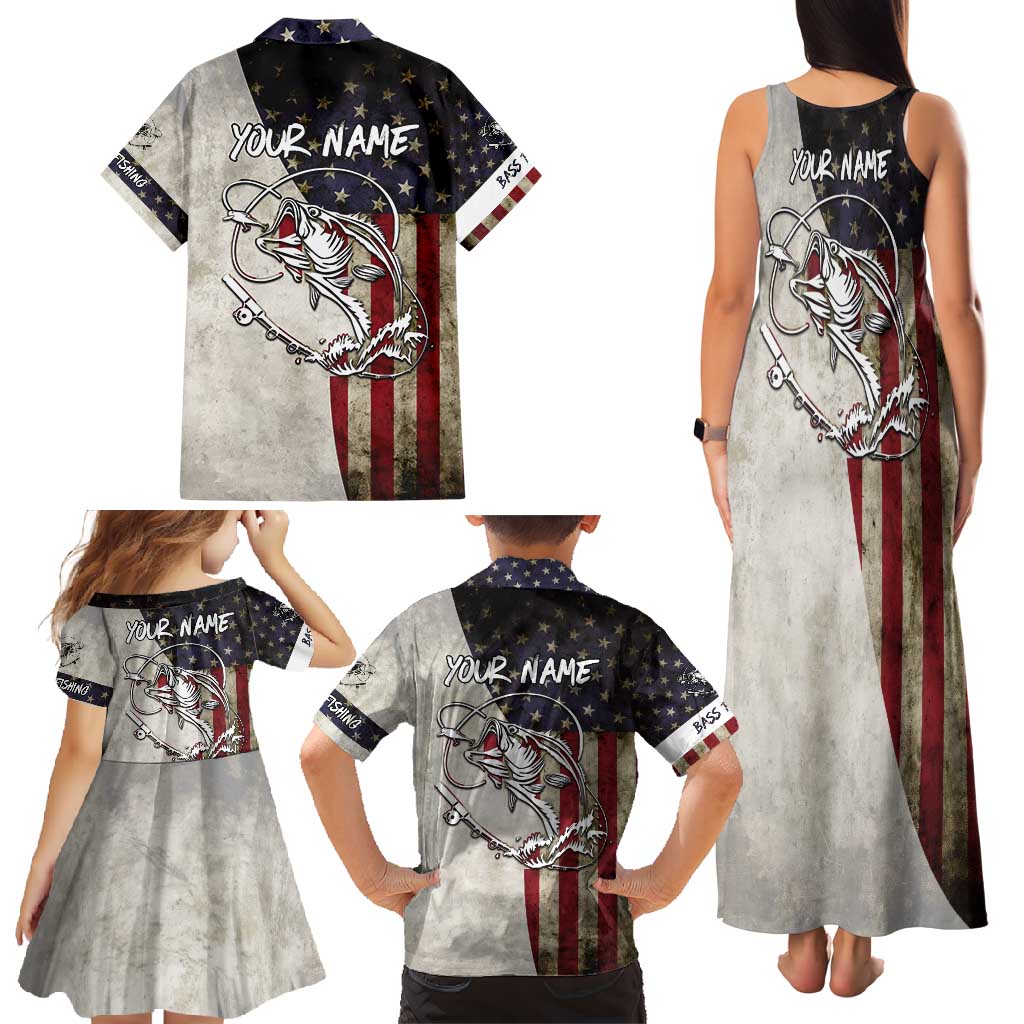 Personalized Distressed American Flag Bass Fishing Family Matching Tank Maxi Dress and Hawaiian Shirt Hooked Fish and Rustic Vintage Theme - Wonder Print Shop