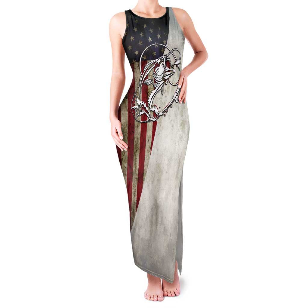 Personalized Distressed American Flag Bass Fishing Family Matching Tank Maxi Dress and Hawaiian Shirt Hooked Fish and Rustic Vintage Theme - Wonder Print Shop