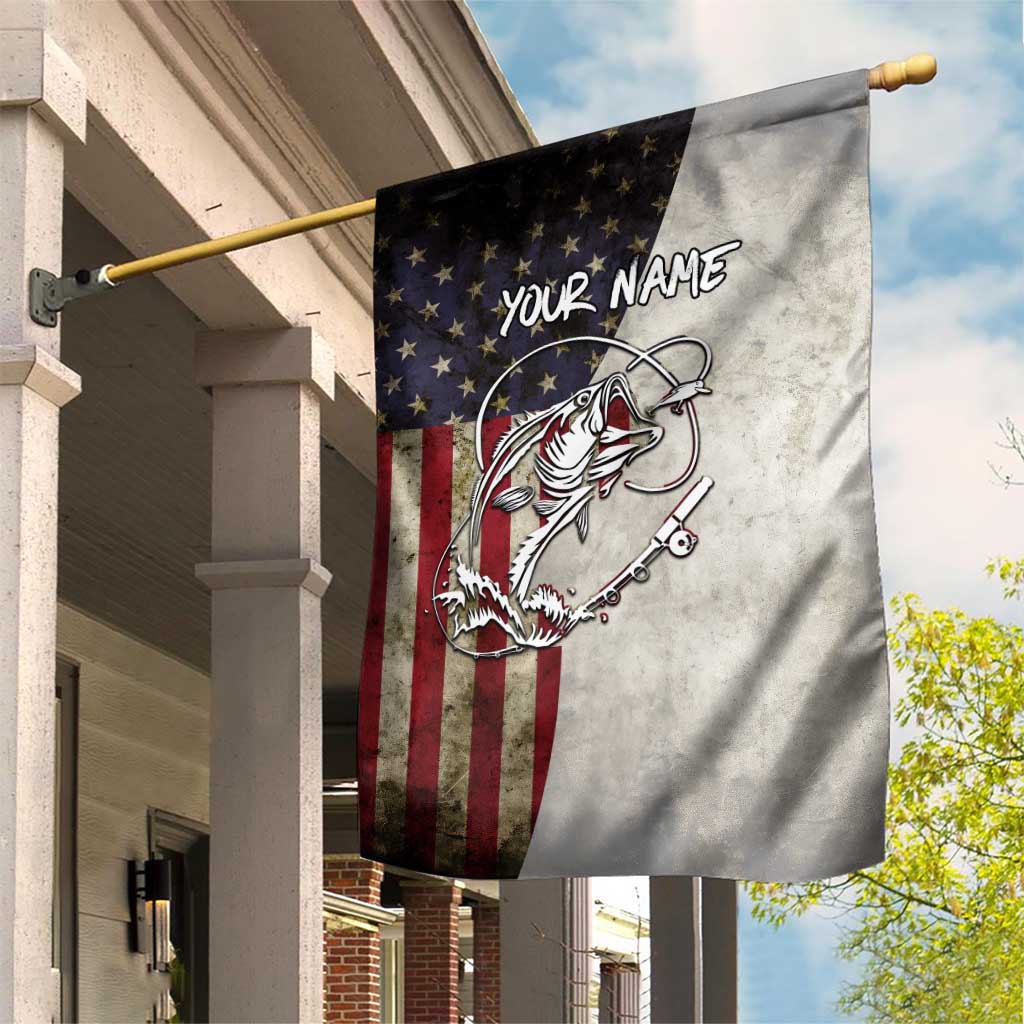 Personalized Distressed American Flag Bass Fishing Garden Flag Hooked Fish and Rustic Vintage Theme - Wonder Print Shop
