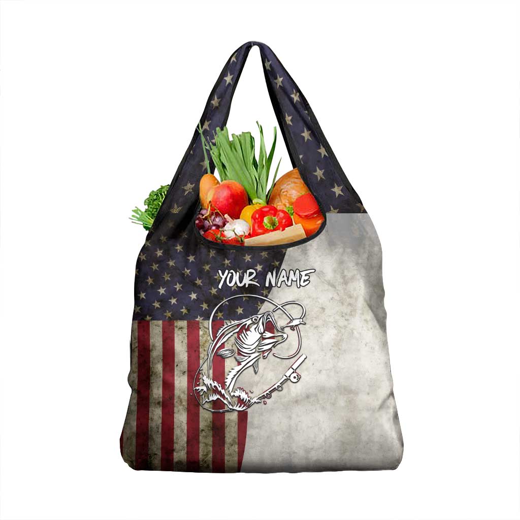 Personalized Distressed American Flag Bass Fishing Grocery Bag Hooked Fish and Rustic Vintage Theme - Wonder Print Shop