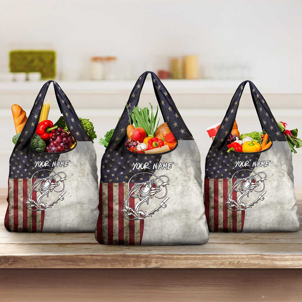 Personalized Distressed American Flag Bass Fishing Grocery Bag Hooked Fish and Rustic Vintage Theme - Wonder Print Shop