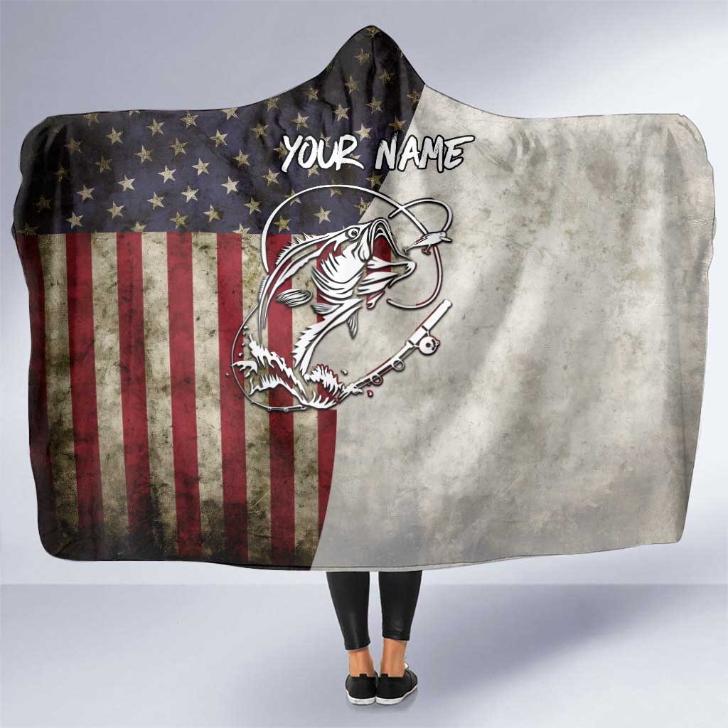 Personalized Distressed American Flag Bass Fishing Hooded Blanket Hooked Fish and Rustic Vintage Theme - Wonder Print Shop
