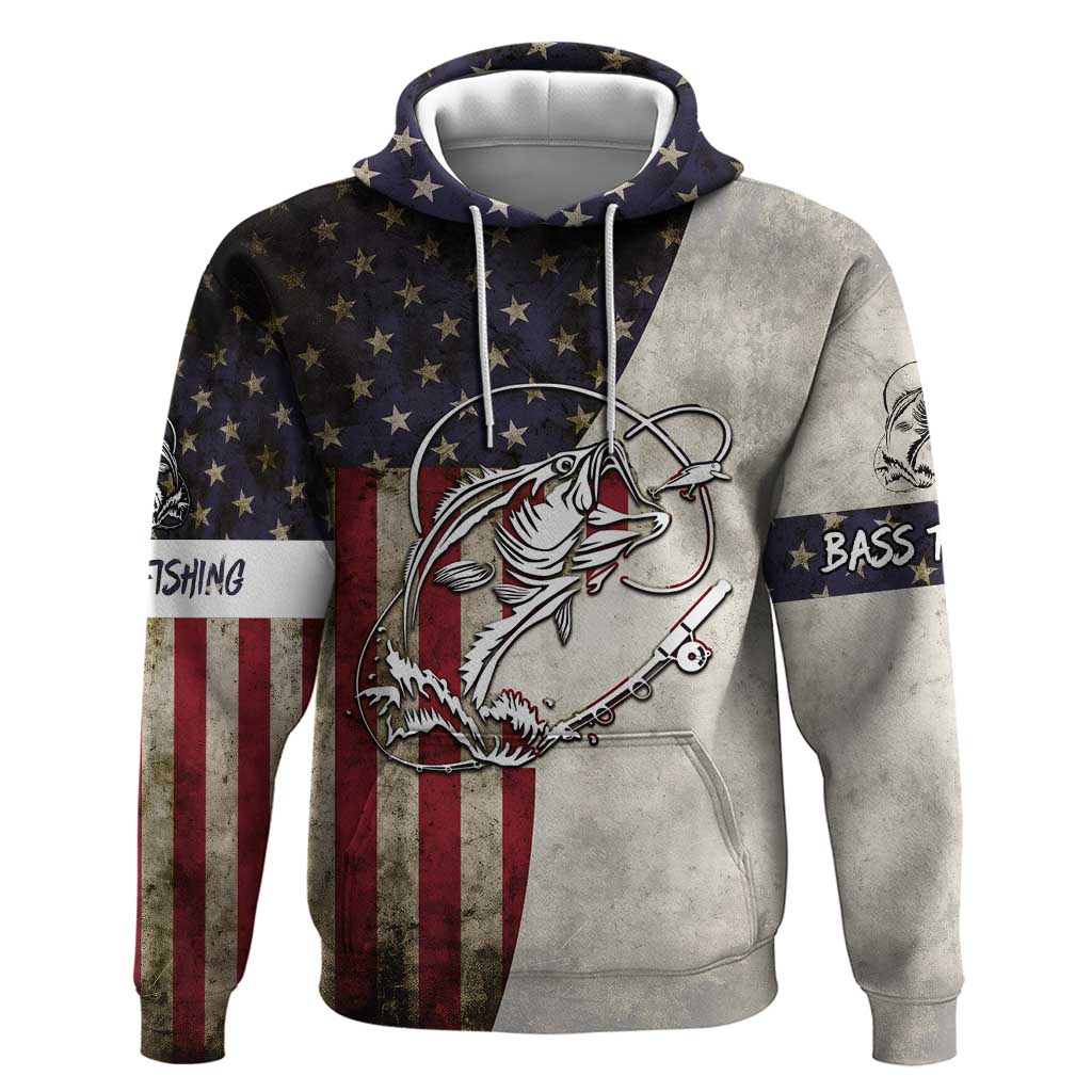 Personalized Distressed American Flag Bass Fishing Hoodie Hooked Fish and Rustic Vintage Theme - Wonder Print Shop
