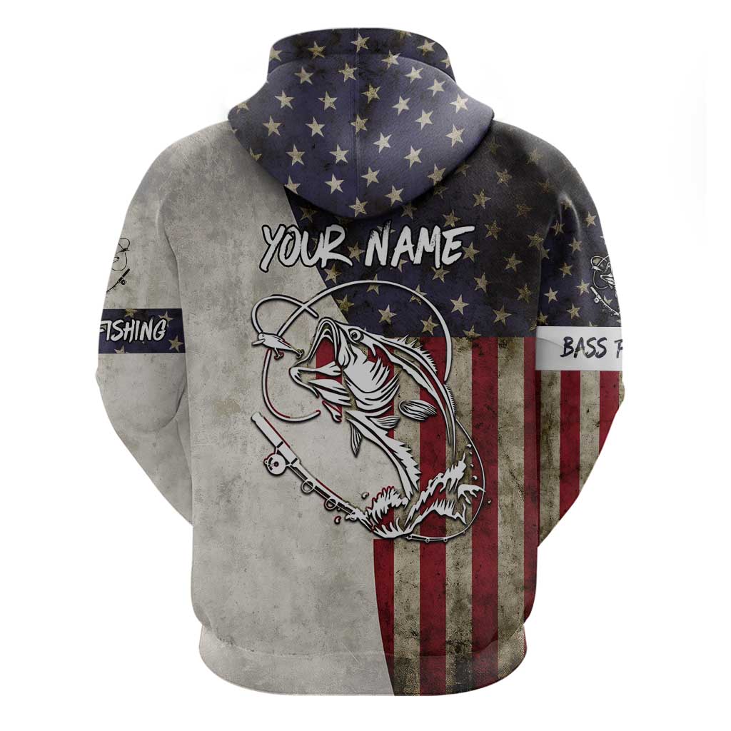 Personalized Distressed American Flag Bass Fishing Hoodie Hooked Fish and Rustic Vintage Theme - Wonder Print Shop