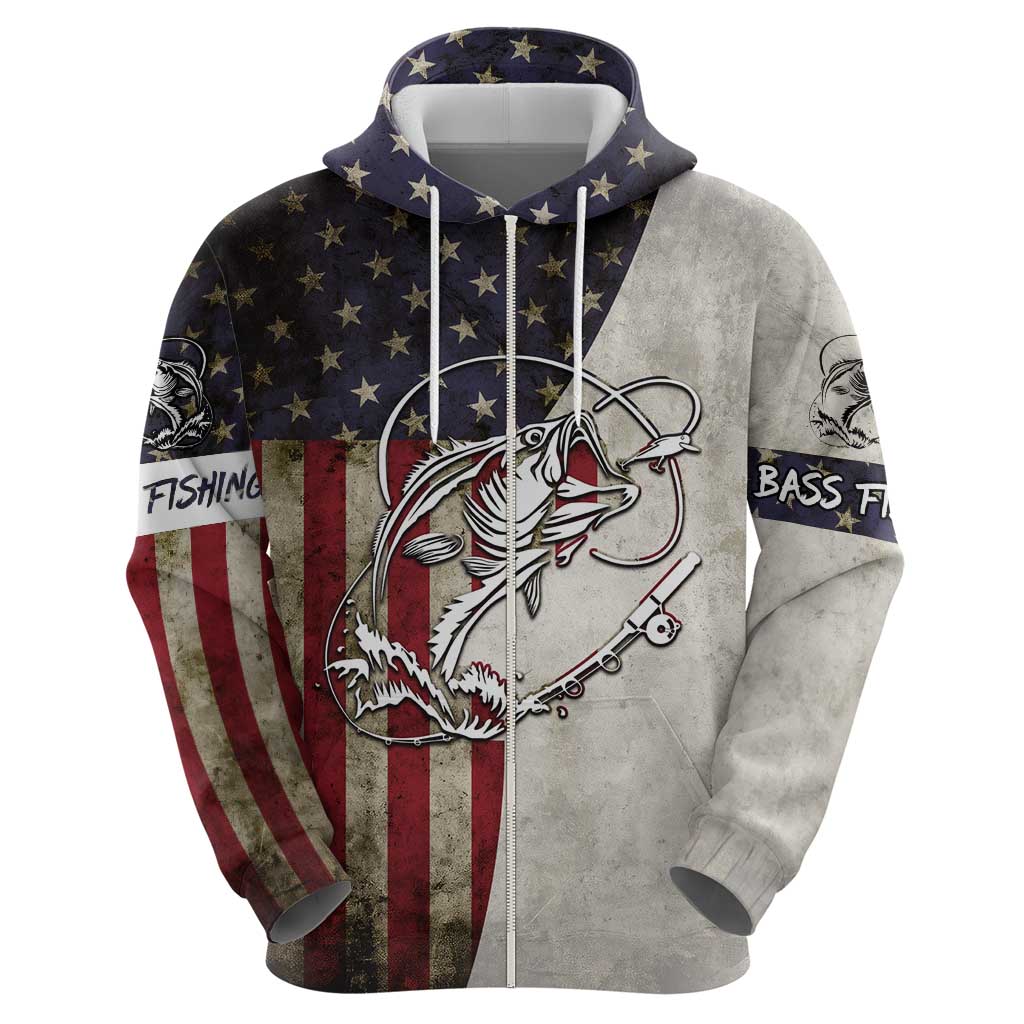 Personalized Distressed American Flag Bass Fishing Hoodie Hooked Fish and Rustic Vintage Theme - Wonder Print Shop