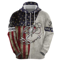 Personalized Distressed American Flag Bass Fishing Hoodie Hooked Fish and Rustic Vintage Theme - Wonder Print Shop