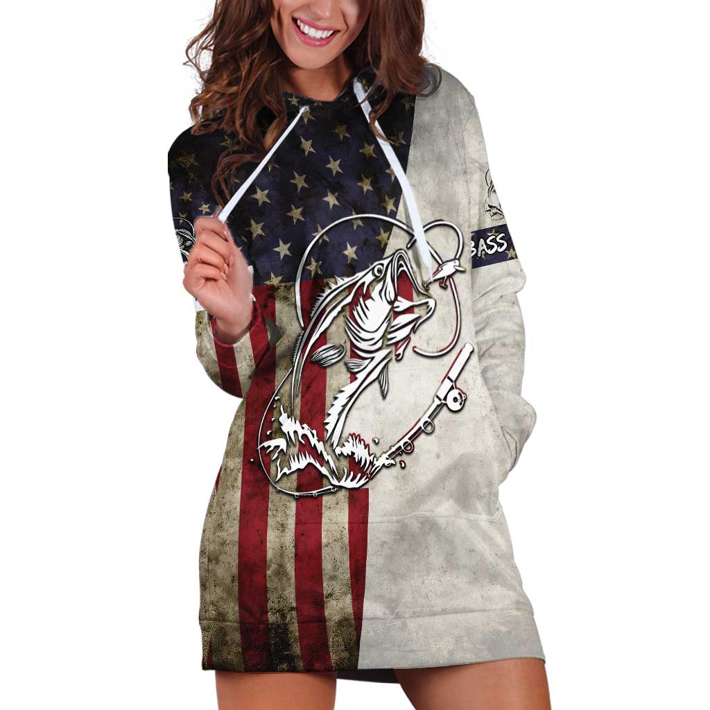 Personalized Distressed American Flag Bass Fishing Hoodie Dress Hooked Fish and Rustic Vintage Theme - Wonder Print Shop