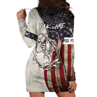 Personalized Distressed American Flag Bass Fishing Hoodie Dress Hooked Fish and Rustic Vintage Theme - Wonder Print Shop