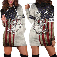 Personalized Distressed American Flag Bass Fishing Hoodie Dress Hooked Fish and Rustic Vintage Theme - Wonder Print Shop