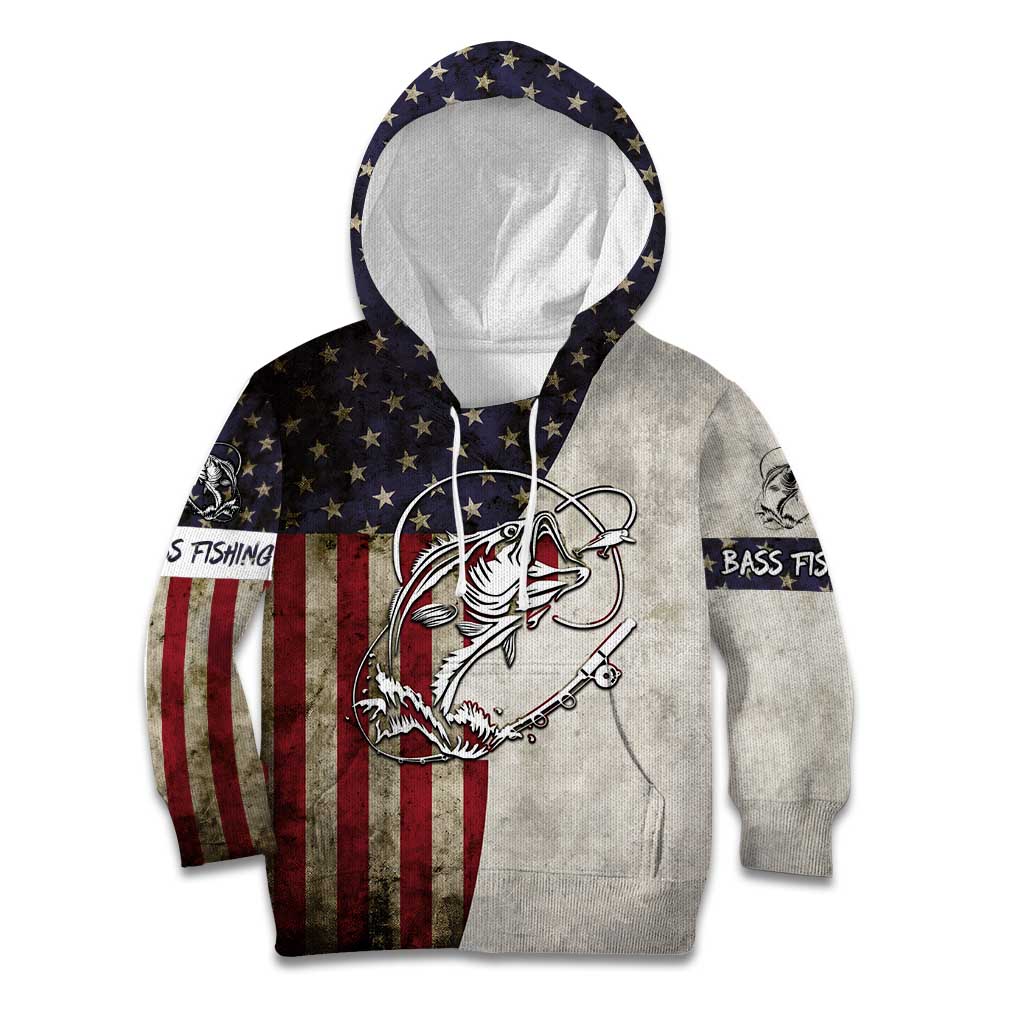 Personalized Distressed American Flag Bass Fishing Kid Hoodie Hooked Fish and Rustic Vintage Theme - Wonder Print Shop
