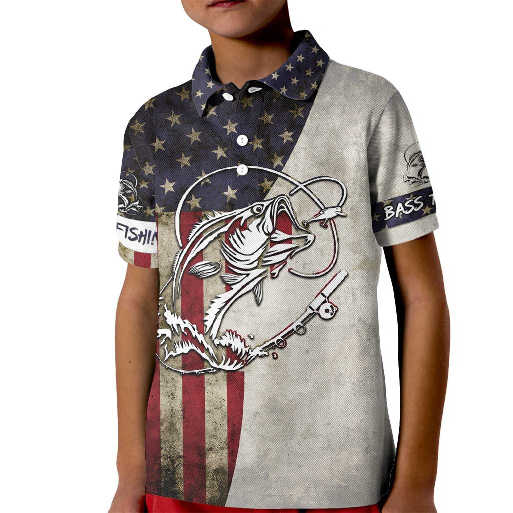 Personalized Distressed American Flag Bass Fishing Kid Polo Shirt Hooked Fish and Rustic Vintage Theme - Wonder Print Shop