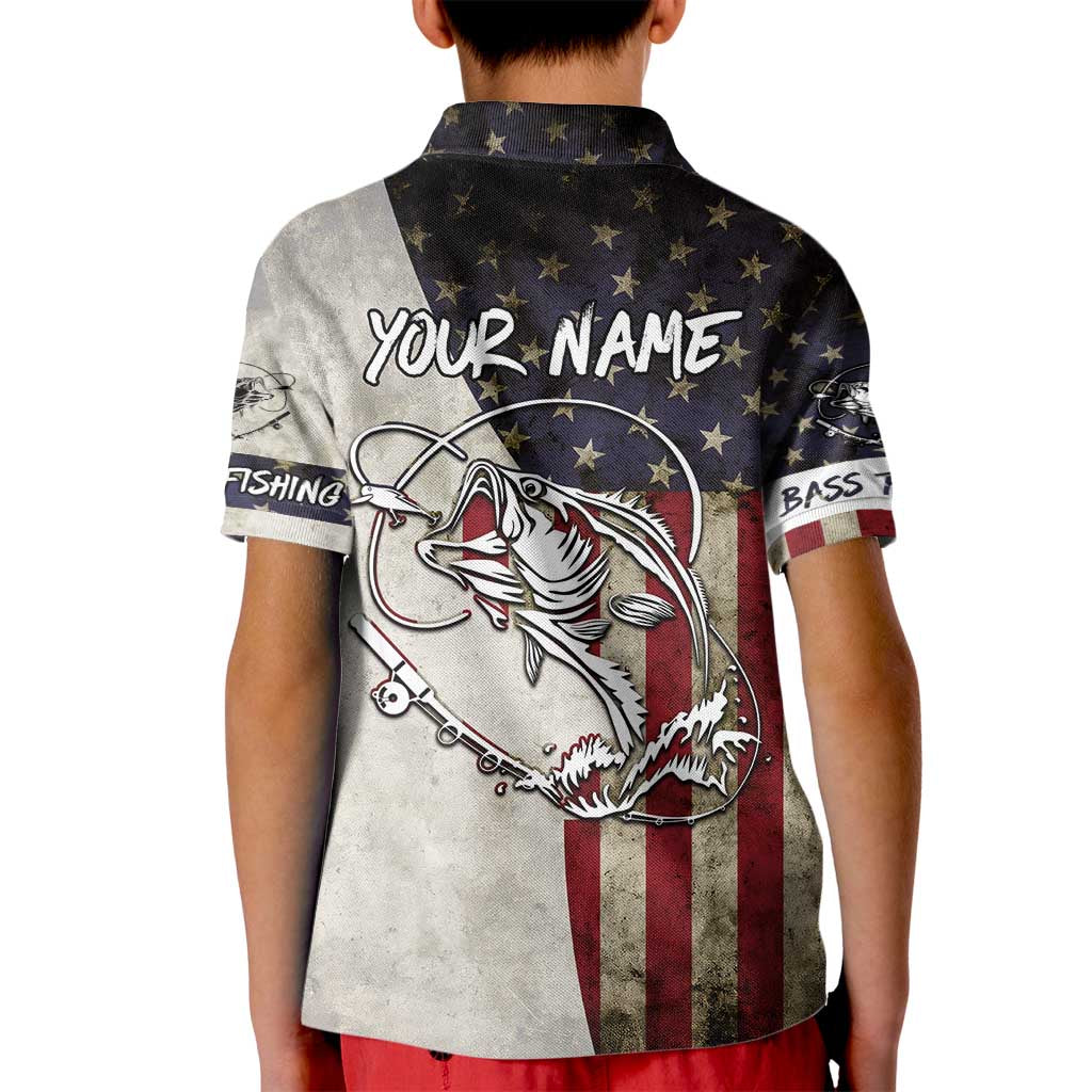 Personalized Distressed American Flag Bass Fishing Kid Polo Shirt Hooked Fish and Rustic Vintage Theme - Wonder Print Shop