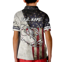 Personalized Distressed American Flag Bass Fishing Kid Polo Shirt Hooked Fish and Rustic Vintage Theme - Wonder Print Shop