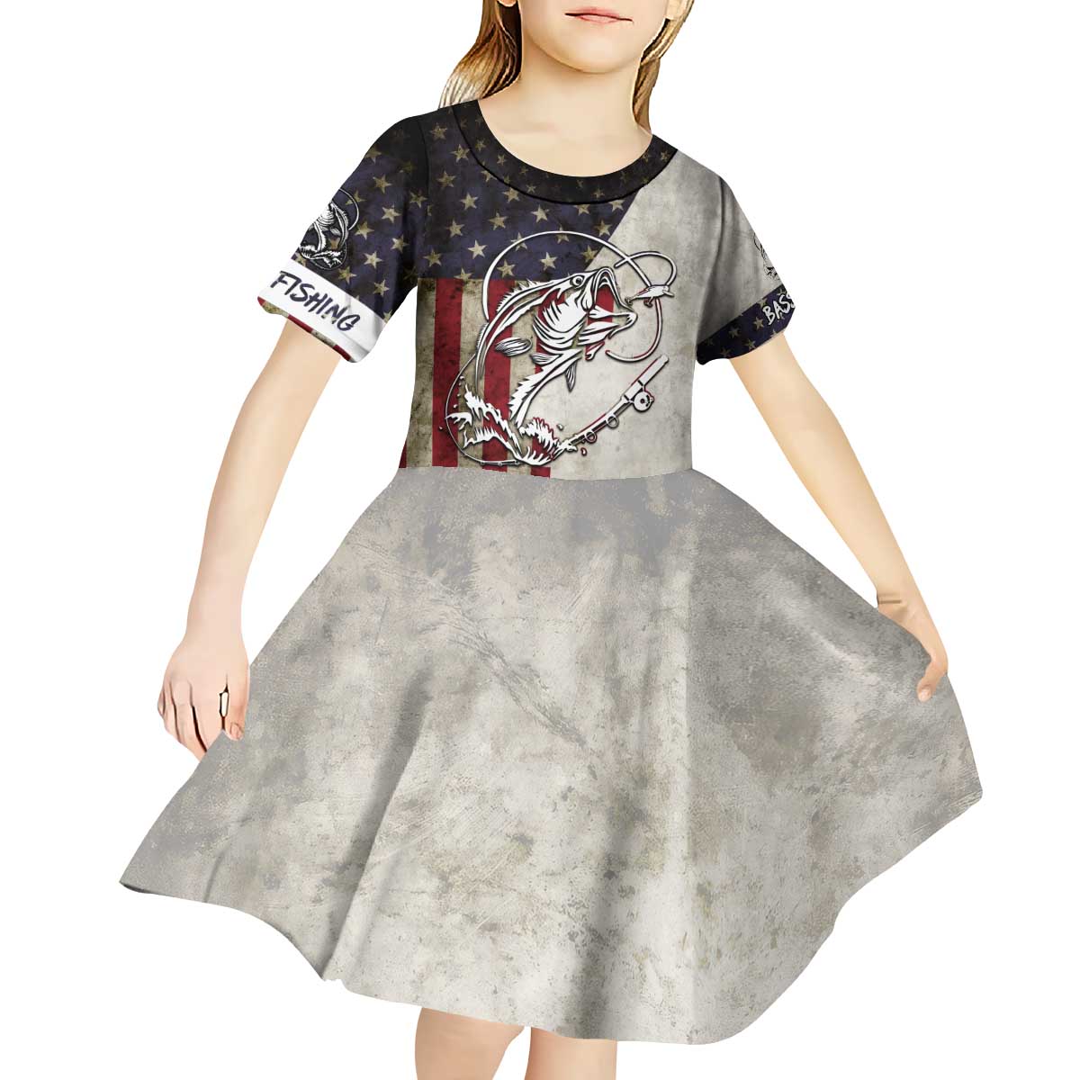Personalized Distressed American Flag Bass Fishing Kid Short Sleeve Dress Hooked Fish and Rustic Vintage Theme - Wonder Print Shop
