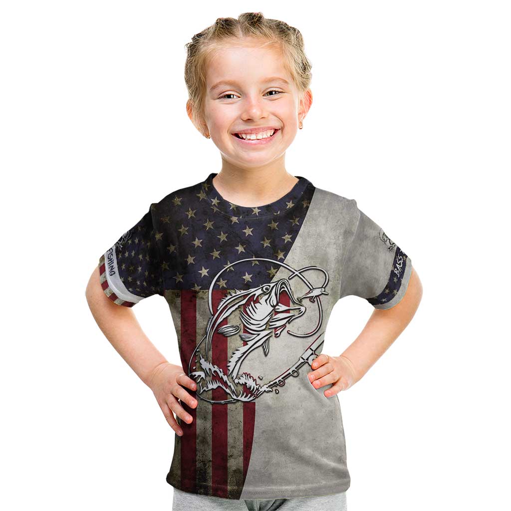 Personalized Distressed American Flag Bass Fishing Kid T Shirt Hooked Fish and Rustic Vintage Theme - Wonder Print Shop