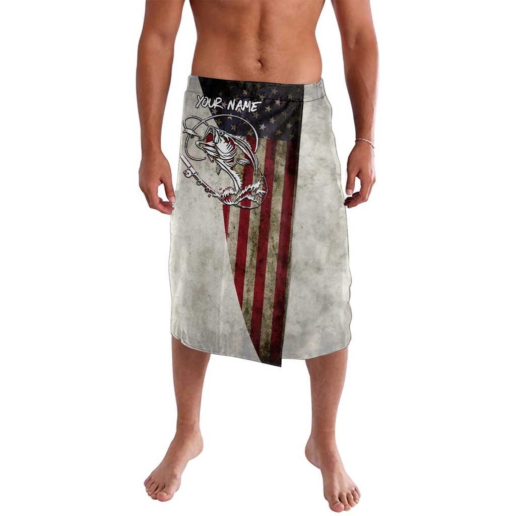 Personalized Distressed American Flag Bass Fishing Lavalava Hooked Fish and Rustic Vintage Theme - Wonder Print Shop