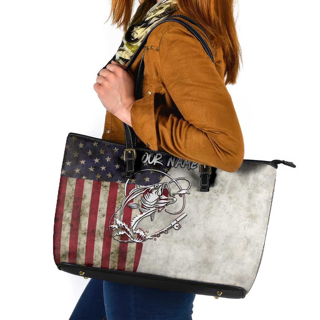 Personalized Distressed American Flag Bass Fishing Leather Tote Bag Hooked Fish and Rustic Vintage Theme - Wonder Print Shop