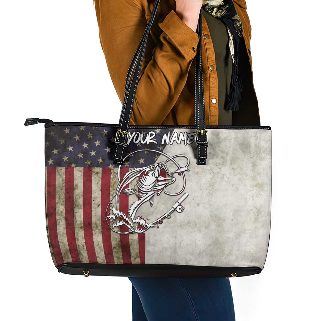 Personalized Distressed American Flag Bass Fishing Leather Tote Bag Hooked Fish and Rustic Vintage Theme - Wonder Print Shop