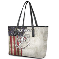 Personalized Distressed American Flag Bass Fishing Leather Tote Bag Hooked Fish and Rustic Vintage Theme - Wonder Print Shop