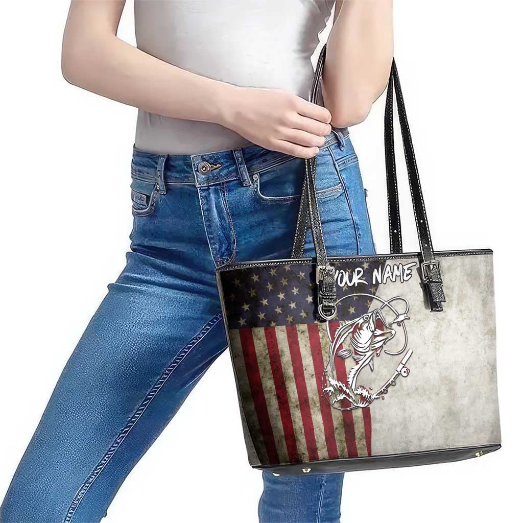 Personalized Distressed American Flag Bass Fishing Leather Tote Bag Hooked Fish and Rustic Vintage Theme - Wonder Print Shop