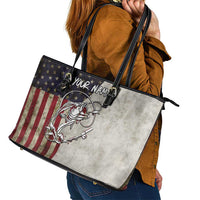 Personalized Distressed American Flag Bass Fishing Leather Tote Bag Hooked Fish and Rustic Vintage Theme - Wonder Print Shop
