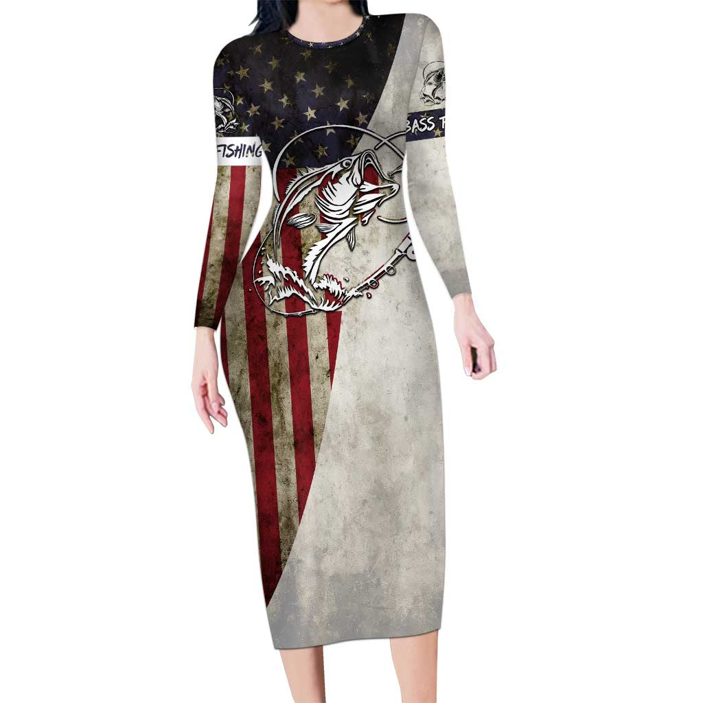 Personalized Distressed American Flag Bass Fishing Long Sleeve Bodycon Dress Hooked Fish and Rustic Vintage Theme - Wonder Print Shop