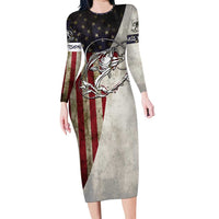 Personalized Distressed American Flag Bass Fishing Long Sleeve Bodycon Dress Hooked Fish and Rustic Vintage Theme - Wonder Print Shop