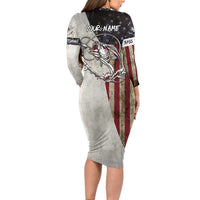Personalized Distressed American Flag Bass Fishing Long Sleeve Bodycon Dress Hooked Fish and Rustic Vintage Theme - Wonder Print Shop