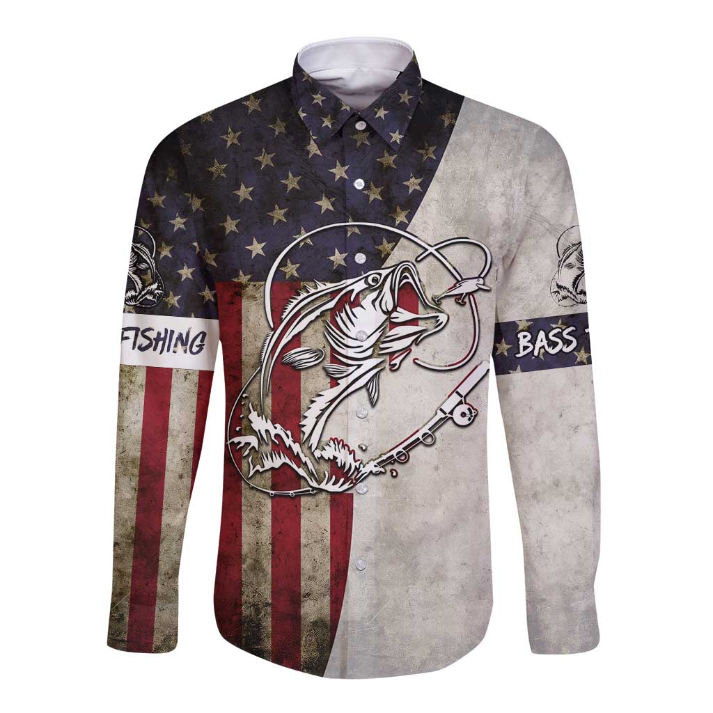 Personalized Distressed American Flag Bass Fishing Long Sleeve Button Shirt Hooked Fish and Rustic Vintage Theme - Wonder Print Shop