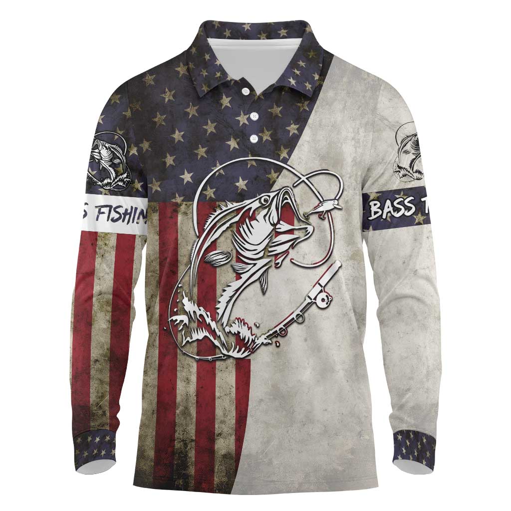 Personalized Distressed American Flag Bass Fishing Long Sleeve Polo Shirt Hooked Fish and Rustic Vintage Theme - Wonder Print Shop