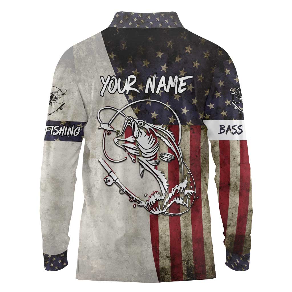 Personalized Distressed American Flag Bass Fishing Long Sleeve Polo Shirt Hooked Fish and Rustic Vintage Theme - Wonder Print Shop