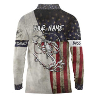 Personalized Distressed American Flag Bass Fishing Long Sleeve Polo Shirt Hooked Fish and Rustic Vintage Theme - Wonder Print Shop
