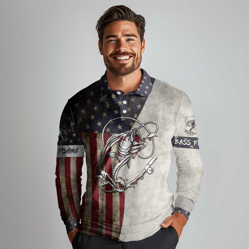Personalized Distressed American Flag Bass Fishing Long Sleeve Polo Shirt Hooked Fish and Rustic Vintage Theme - Wonder Print Shop