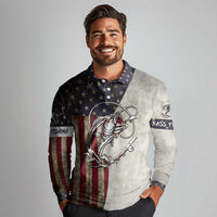 Personalized Distressed American Flag Bass Fishing Long Sleeve Polo Shirt Hooked Fish and Rustic Vintage Theme - Wonder Print Shop