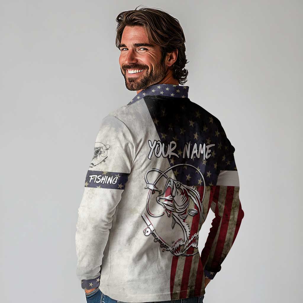 Personalized Distressed American Flag Bass Fishing Long Sleeve Polo Shirt Hooked Fish and Rustic Vintage Theme - Wonder Print Shop