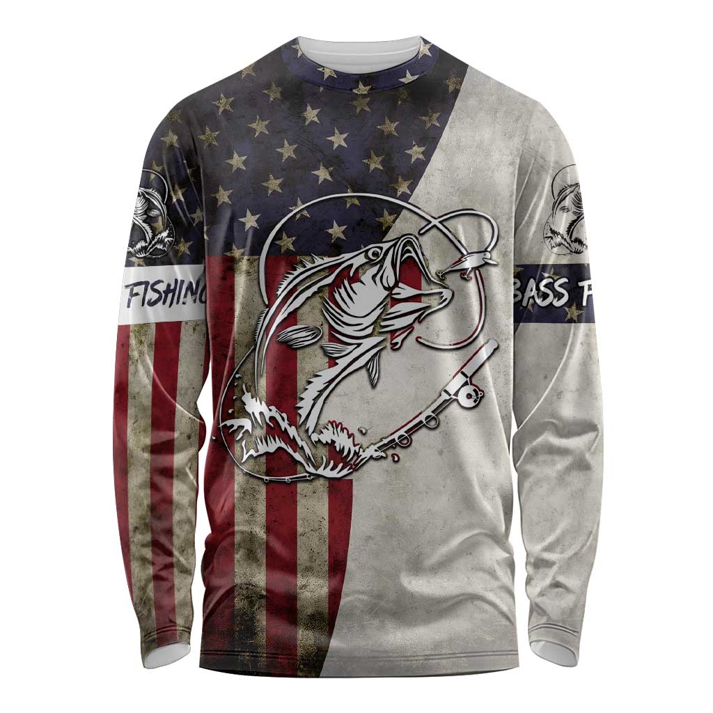 Personalized Distressed American Flag Bass Fishing Long Sleeve Shirt Hooked Fish and Rustic Vintage Theme - Wonder Print Shop