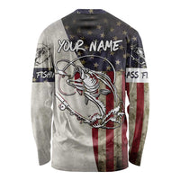 Personalized Distressed American Flag Bass Fishing Long Sleeve Shirt Hooked Fish and Rustic Vintage Theme - Wonder Print Shop