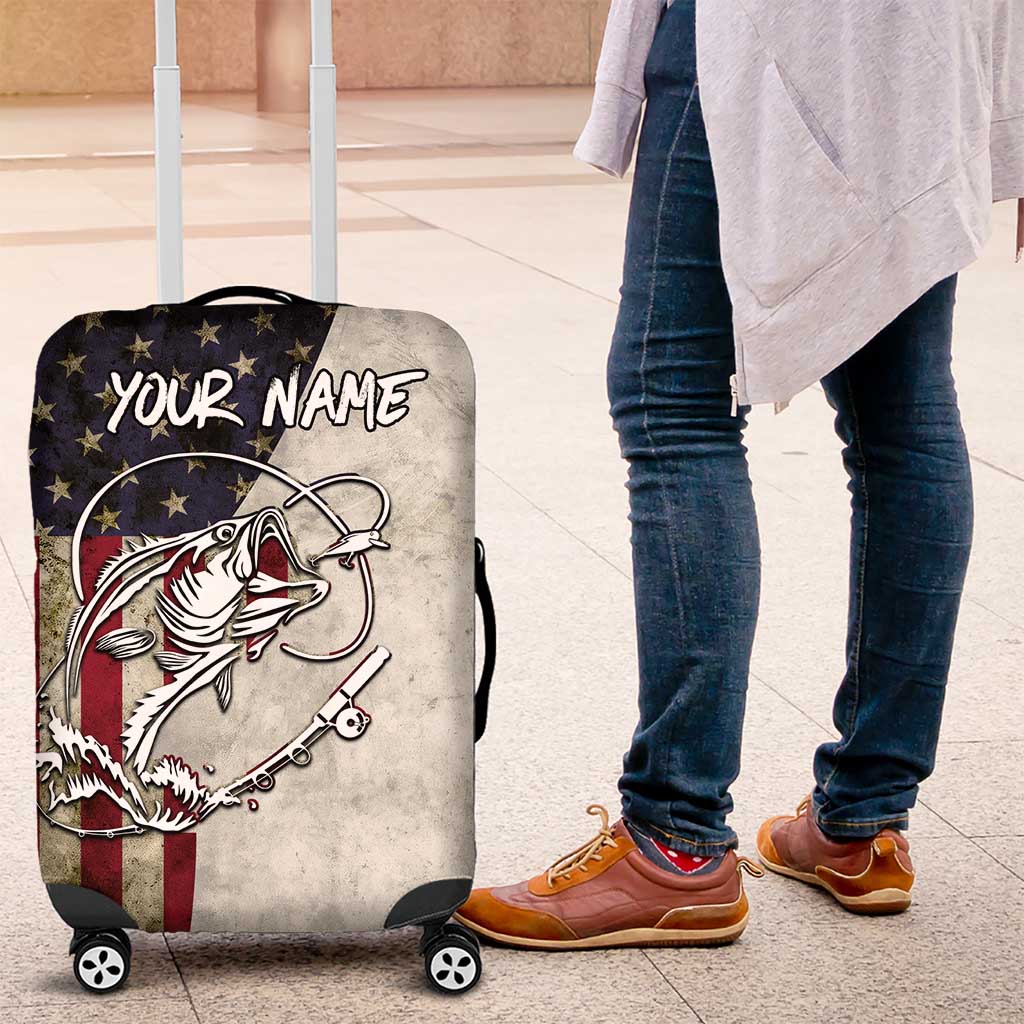 Personalized Distressed American Flag Bass Fishing Luggage Cover Hooked Fish and Rustic Vintage Theme - Wonder Print Shop