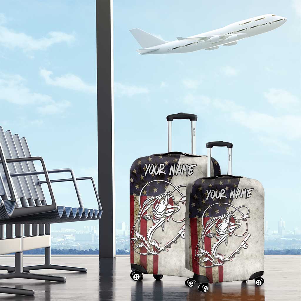 Personalized Distressed American Flag Bass Fishing Luggage Cover Hooked Fish and Rustic Vintage Theme - Wonder Print Shop