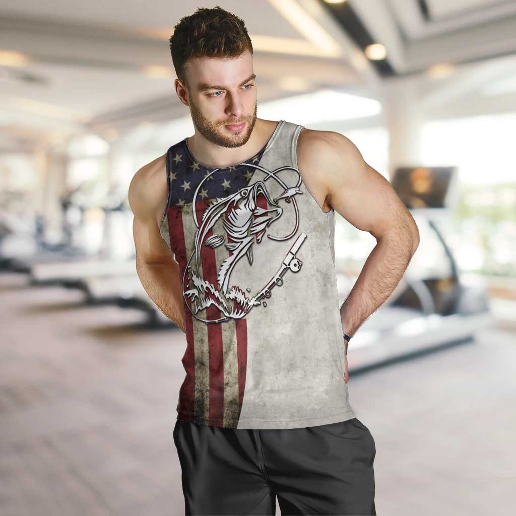 Personalized Distressed American Flag Bass Fishing Men Tank Top Hooked Fish and Rustic Vintage Theme - Wonder Print Shop