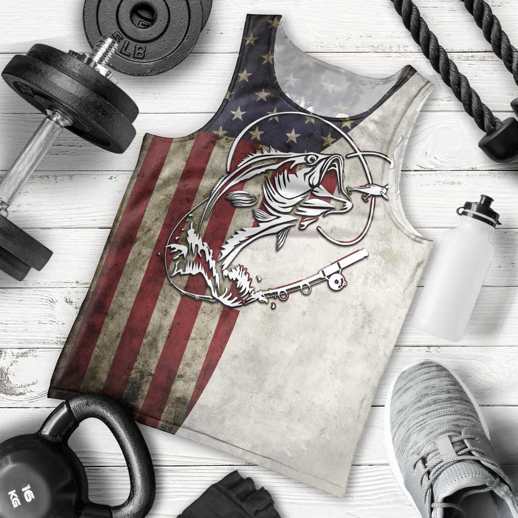 Personalized Distressed American Flag Bass Fishing Men Tank Top Hooked Fish and Rustic Vintage Theme - Wonder Print Shop