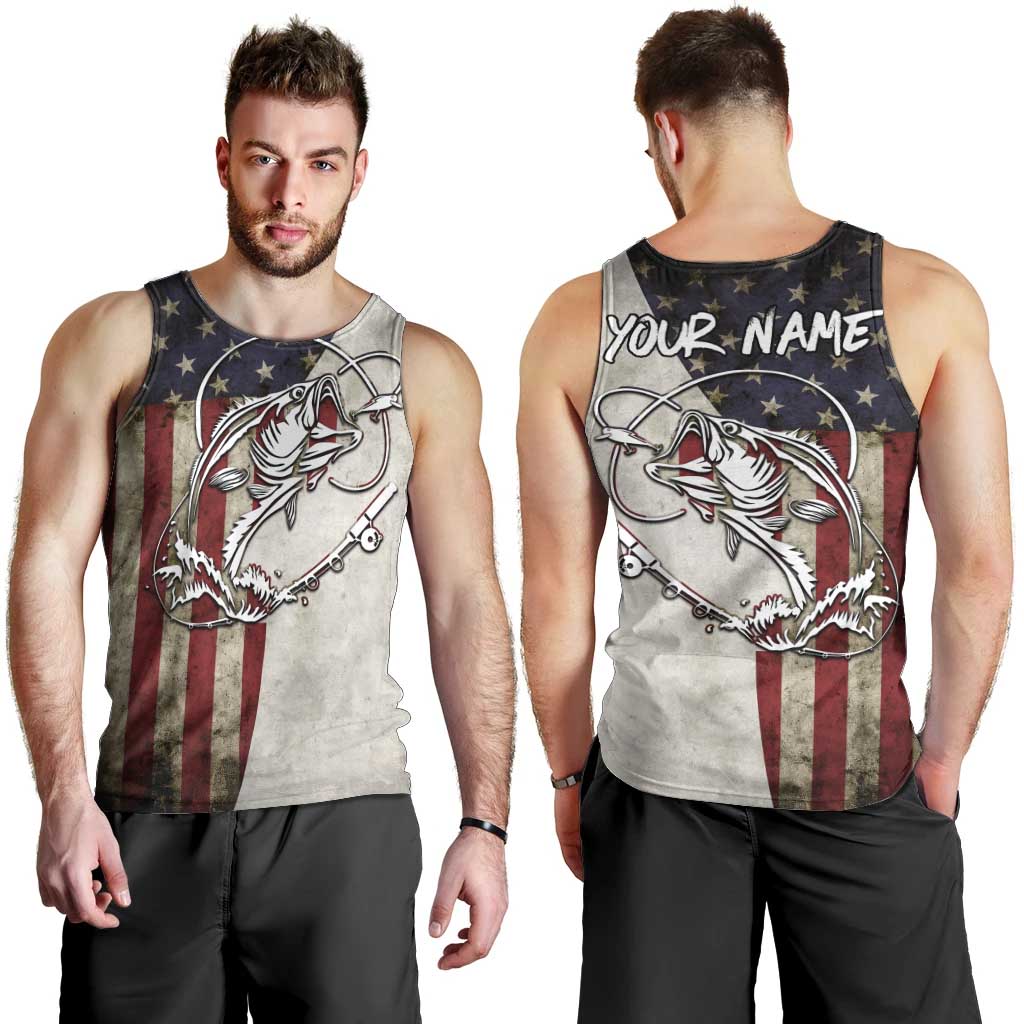 Personalized Distressed American Flag Bass Fishing Men Tank Top Hooked Fish and Rustic Vintage Theme - Wonder Print Shop