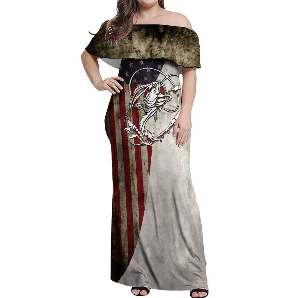 Personalized Distressed American Flag Bass Fishing Off Shoulder Maxi Dress Hooked Fish and Rustic Vintage Theme - Wonder Print Shop