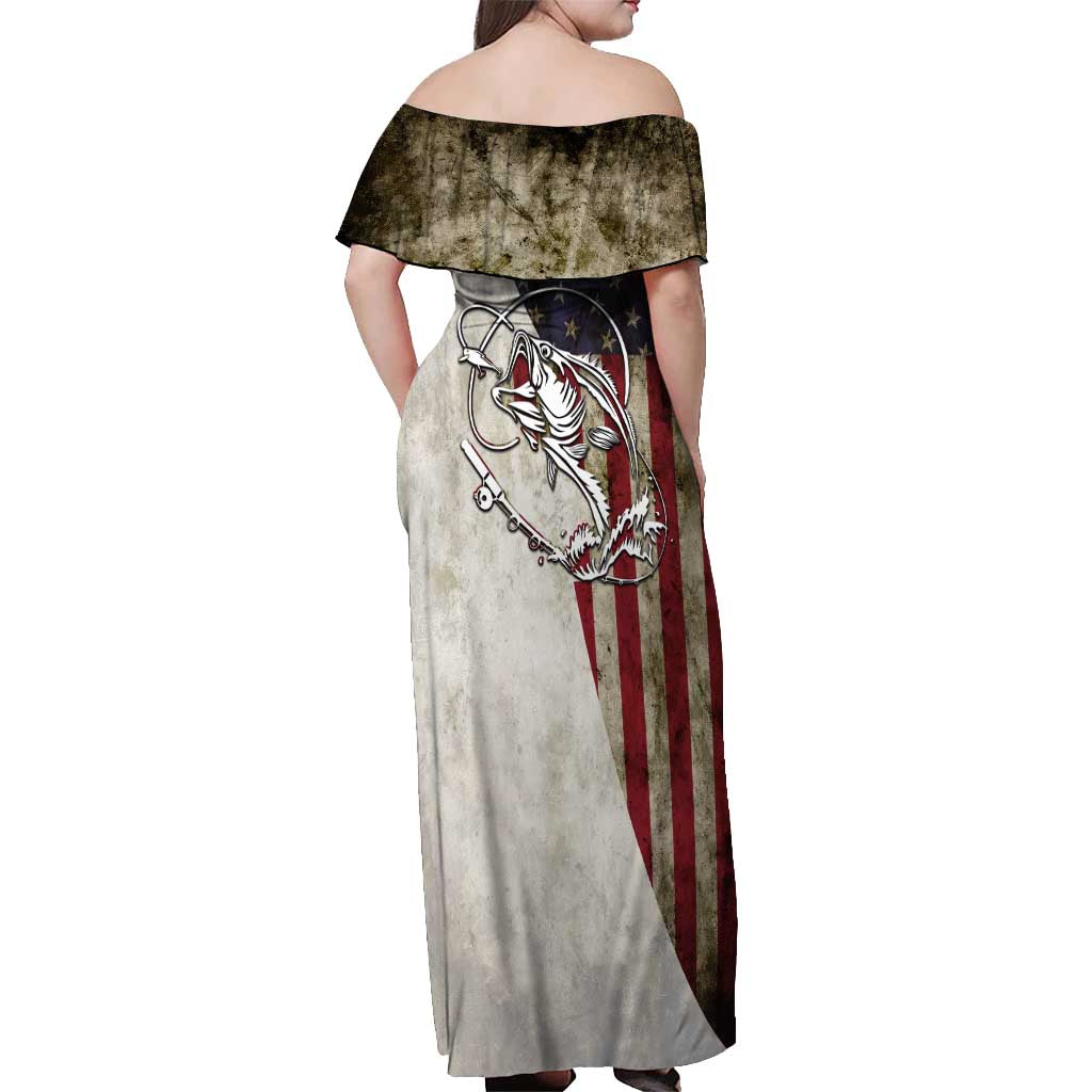 Personalized Distressed American Flag Bass Fishing Off Shoulder Maxi Dress Hooked Fish and Rustic Vintage Theme - Wonder Print Shop