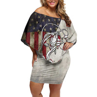 Personalized Distressed American Flag Bass Fishing Off Shoulder Short Dress Hooked Fish and Rustic Vintage Theme - Wonder Print Shop